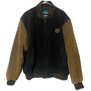 Cadillac Logo Varsity Leather Jacket Tri-Mountain Suede Mens Size XL Black Brown